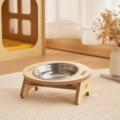 Elevated Pet Bowls Tilted Single/Double Cat Stainless Steel Food Bowls Wooden Dog Water Feeding Container Cat Supplies