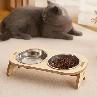 Elevated Pet Bowls Tilted Single/Double Cat Stainless Steel Food Bowls Wooden Dog Water Feeding Container Cat Supplies